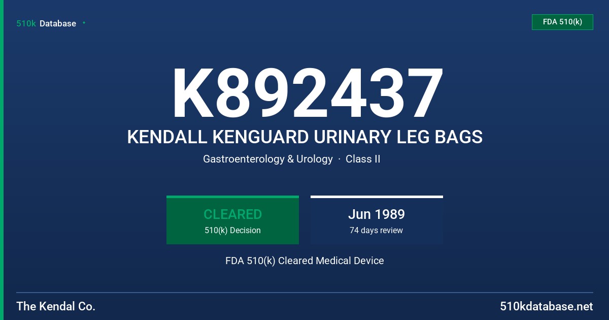 K892437 KENDALL KENGUARD URINARY LEG BAGS FDA 510(k) Cleared Medical Device