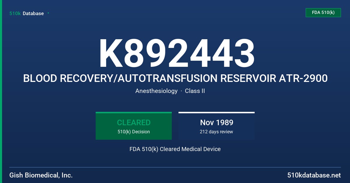 K892443 BLOOD RECOVERY/AUTOTRANSFUSION RESERVOIR ATR-2900 FDA 510(k) Cleared Medical Device