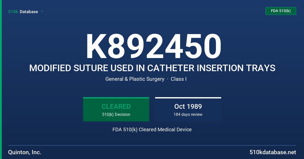 K892450 MODIFIED SUTURE USED IN CATHETER INSERTION TRAYS FDA 510(k) Cleared Medical Device