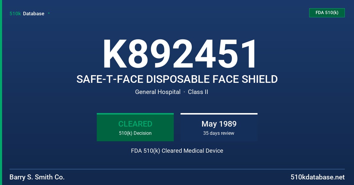 K892451 SAFE-T-FACE DISPOSABLE FACE SHIELD FDA 510(k) Cleared Medical Device
