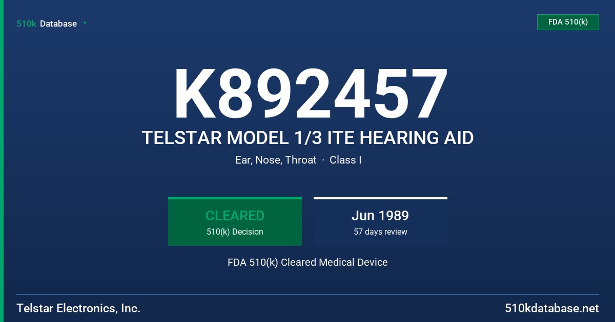 K892457 TELSTAR MODEL 1/3 ITE HEARING AID FDA 510(k) Cleared Medical Device