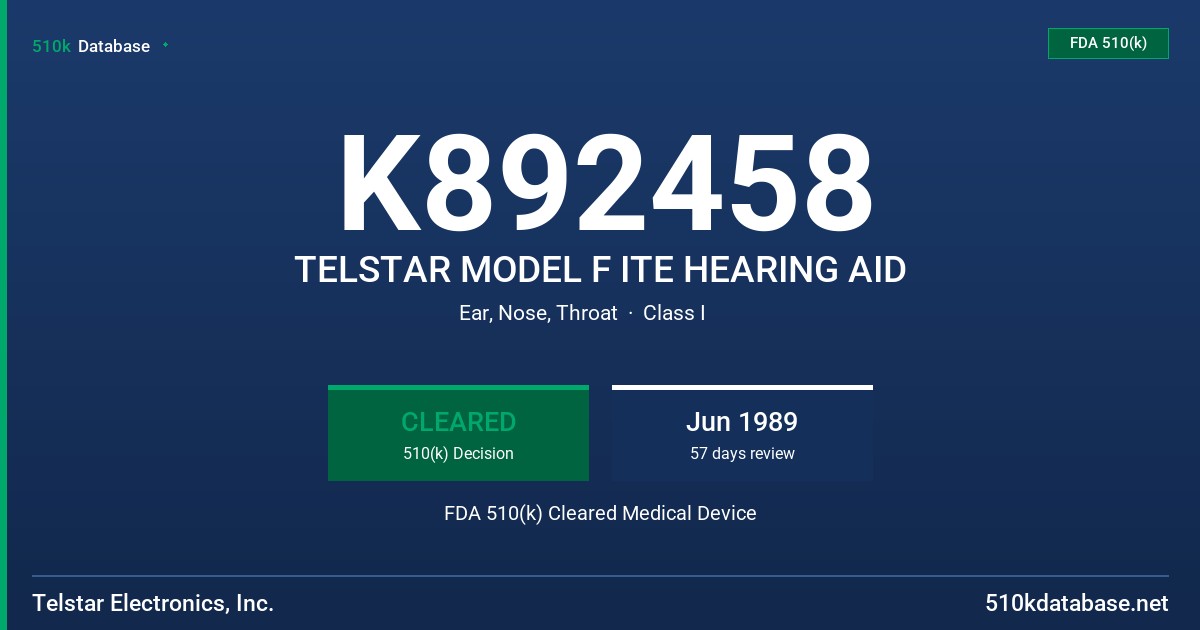 K892458 TELSTAR MODEL F ITE HEARING AID FDA 510(k) Cleared Medical Device