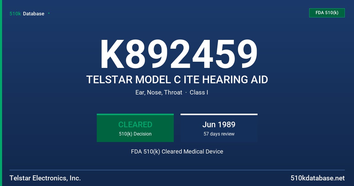 K892459 TELSTAR MODEL C ITE HEARING AID FDA 510(k) Cleared Medical Device