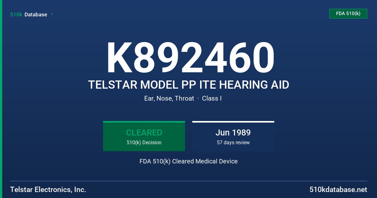 K892460 TELSTAR MODEL PP ITE HEARING AID FDA 510(k) Cleared Medical Device