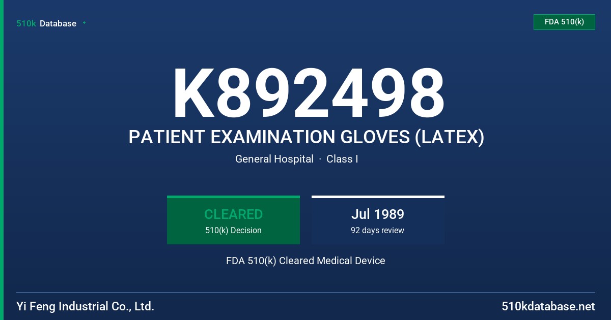 K892498 PATIENT EXAMINATION GLOVES (LATEX) FDA 510(k) Cleared Medical Device