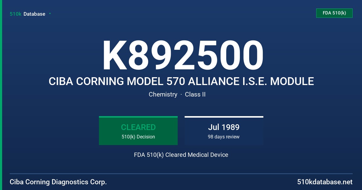K892500 CIBA CORNING MODEL 570 ALLIANCE I.S.E. MODULE FDA 510(k) Cleared Medical Device