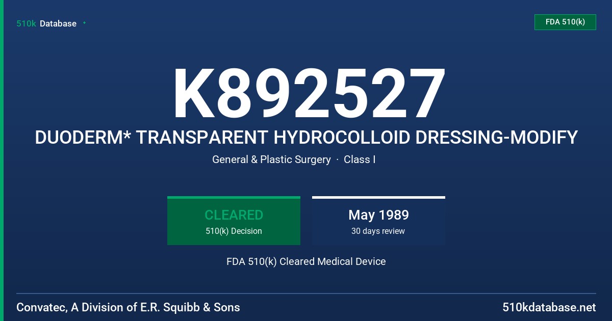 K892527 DUODERM* TRANSPARENT HYDROCOLLOID DRESSING-MODIFY FDA 510(k) Cleared Medical Device