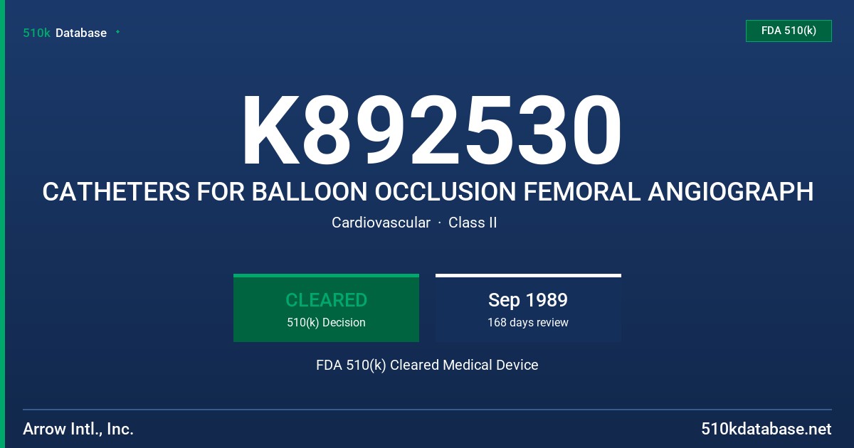 K892530 CATHETERS FOR BALLOON OCCLUSION FEMORAL ANGIOGRAPH FDA 510(k) Cleared Medical Device