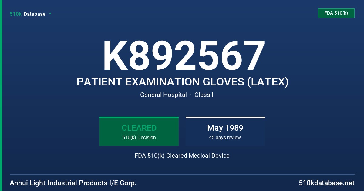 K892567 PATIENT EXAMINATION GLOVES (LATEX) FDA 510(k) Cleared Medical Device