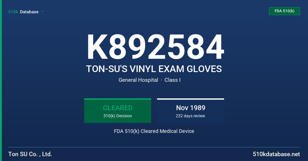 K892584 TON-SU'S VINYL EXAM GLOVES FDA 510(k) Cleared Medical Device