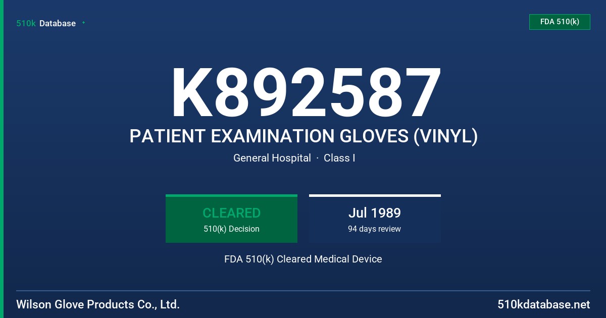 K892587 PATIENT EXAMINATION GLOVES (VINYL) FDA 510(k) Cleared Medical Device