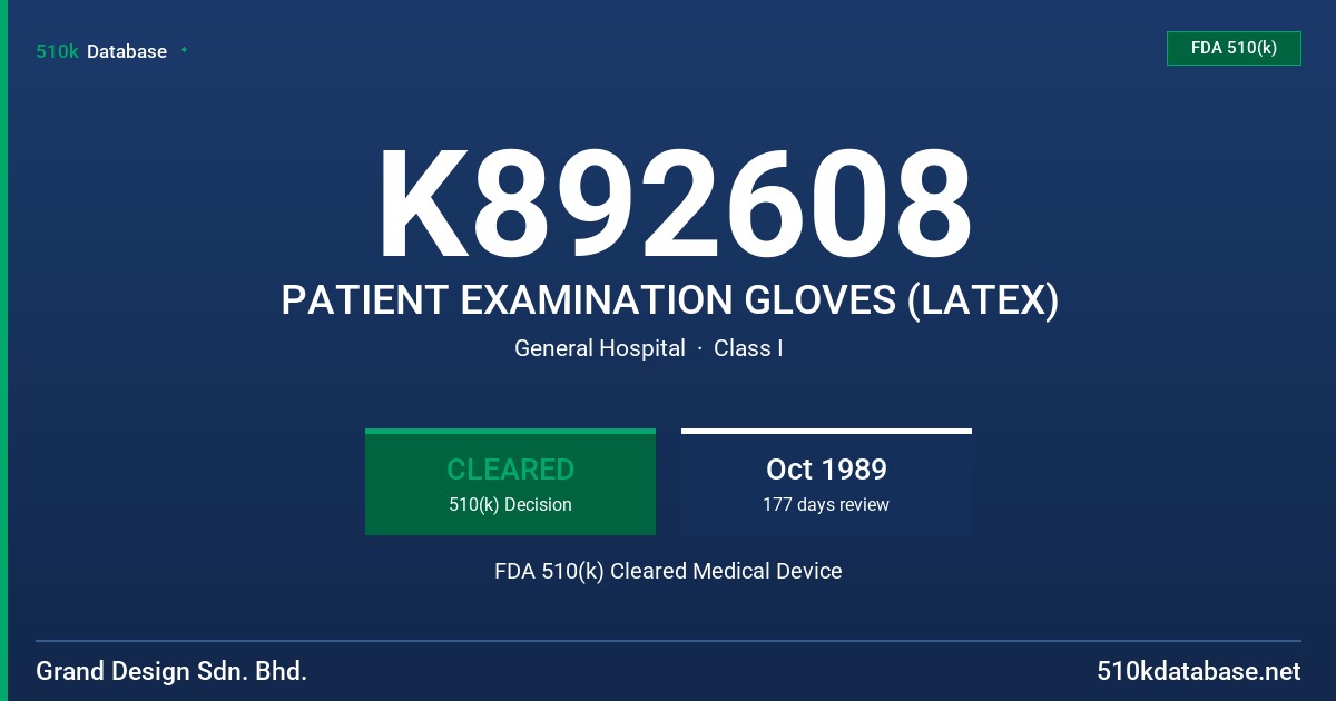 K892608 PATIENT EXAMINATION GLOVES (LATEX) FDA 510(k) Cleared Medical Device