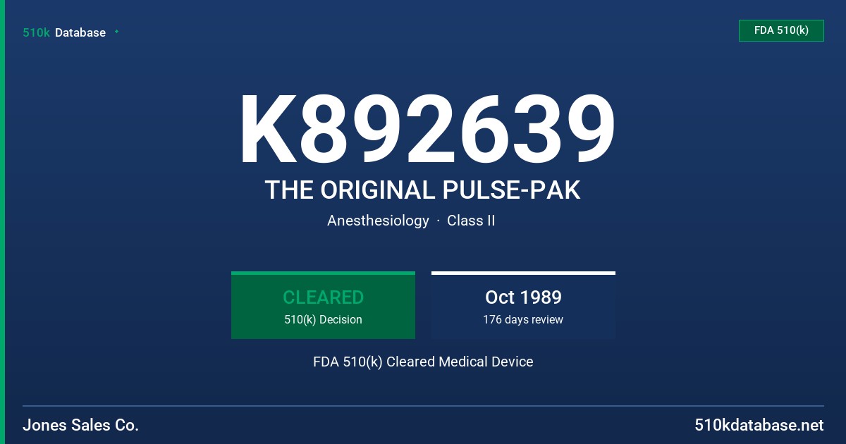 K892639 THE ORIGINAL PULSE-PAK FDA 510(k) Cleared Medical Device