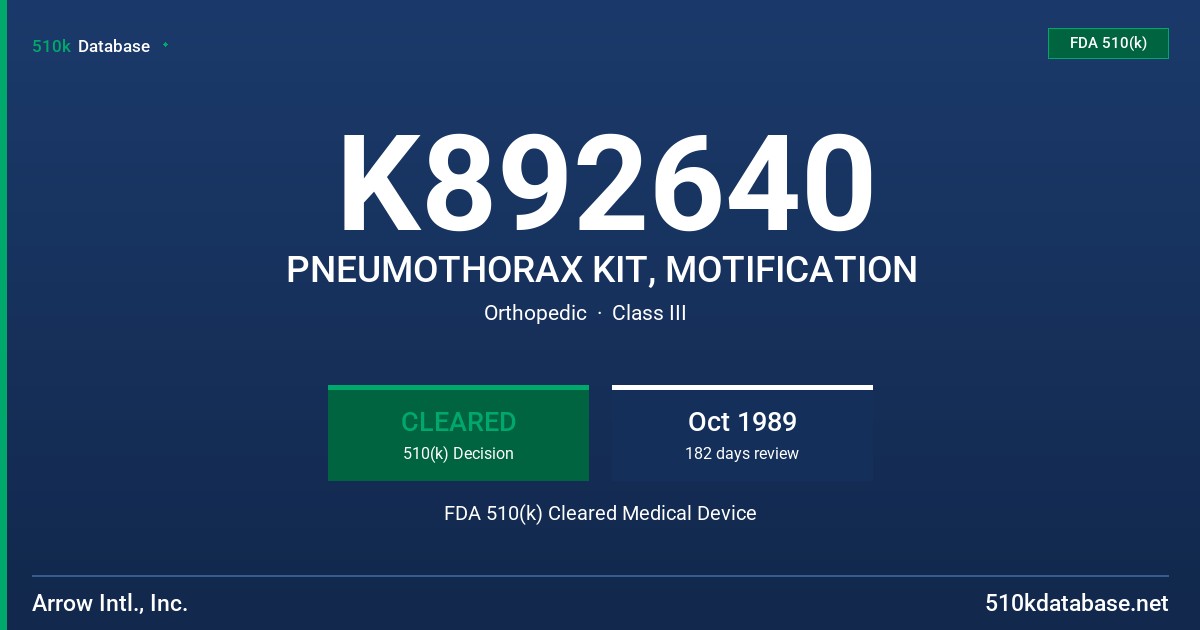 K892640 PNEUMOTHORAX KIT, MOTIFICATION FDA 510(k) Cleared Medical Device