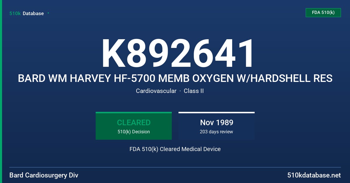 K892641 BARD WM HARVEY HF-5700 MEMB OXYGEN W/HARDSHELL RES FDA 510(k) Cleared Medical Device