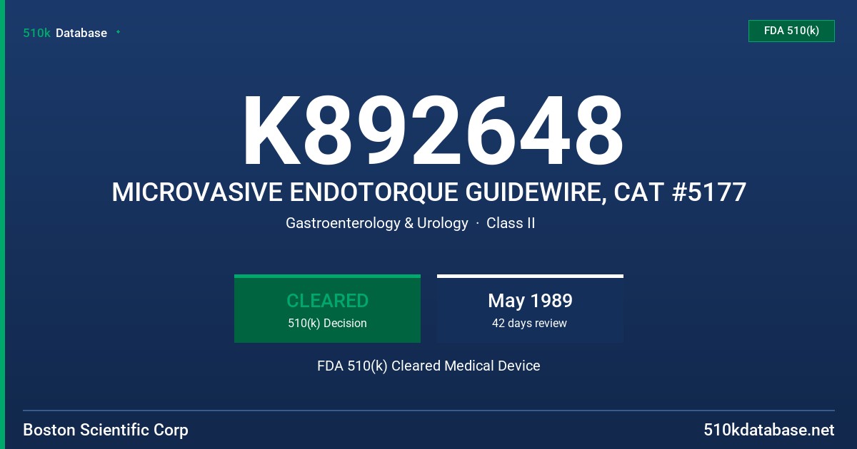 K892648 MICROVASIVE ENDOTORQUE GUIDEWIRE, CAT #5177 FDA 510(k) Cleared Medical Device