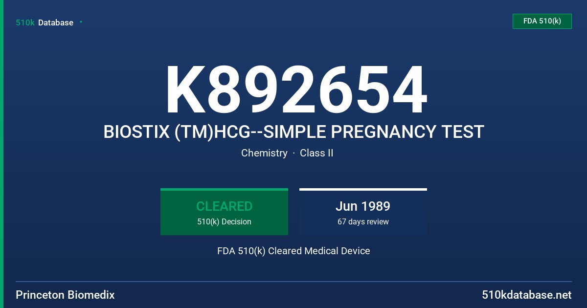 K892654 BIOSTIX (TM)HCG--SIMPLE PREGNANCY TEST FDA 510(k) Cleared Medical Device