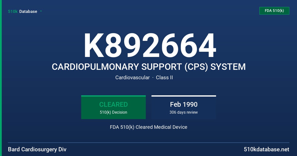 K892664 CARDIOPULMONARY SUPPORT (CPS) SYSTEM FDA 510(k) Cleared Medical Device