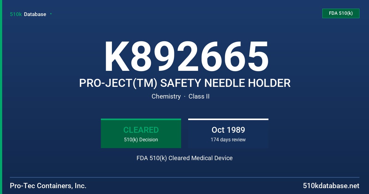K892665 PRO-JECT(TM) SAFETY NEEDLE HOLDER FDA 510(k) Cleared Medical Device