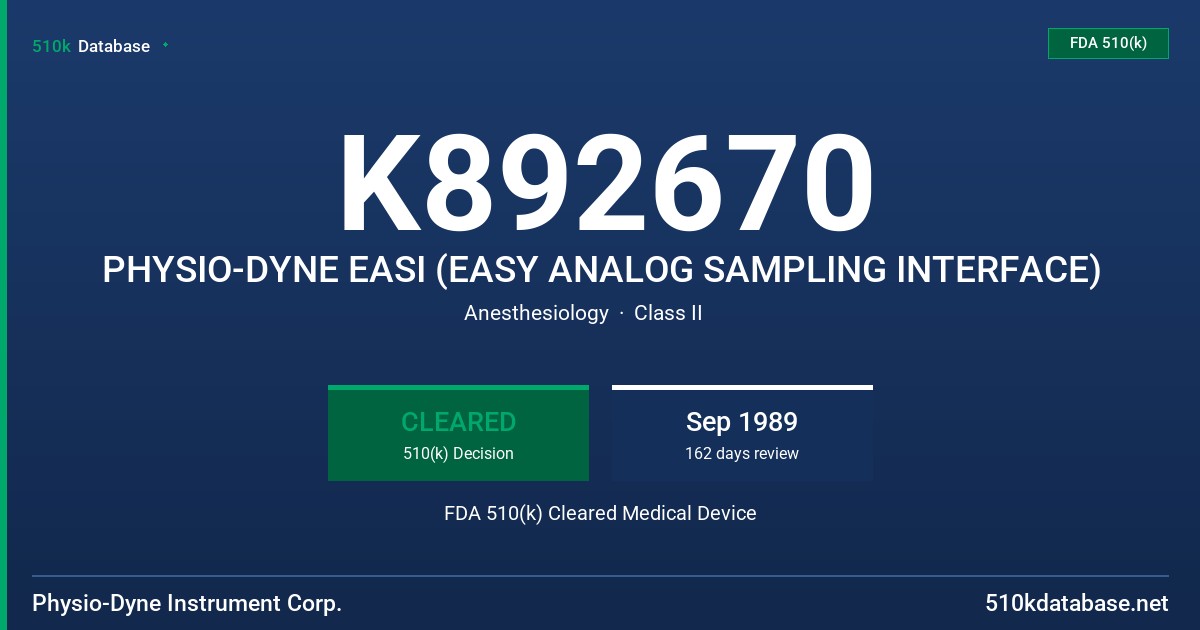 K892670 PHYSIO-DYNE EASI (EASY ANALOG SAMPLING INTERFACE) FDA 510(k) Cleared Medical Device