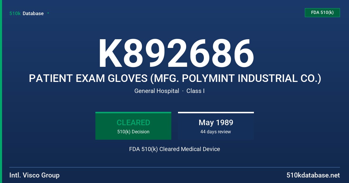 K892686 PATIENT EXAM GLOVES (MFG. POLYMINT INDUSTRIAL CO.) FDA 510(k) Cleared Medical Device