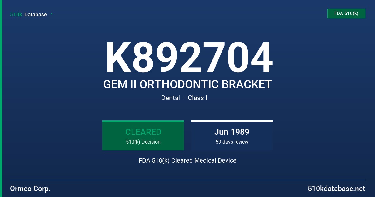 K892704 GEM II ORTHODONTIC BRACKET FDA 510(k) Cleared Medical Device