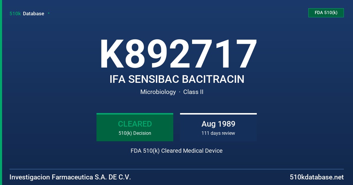 K892717 IFA SENSIBAC BACITRACIN FDA 510(k) Cleared Medical Device