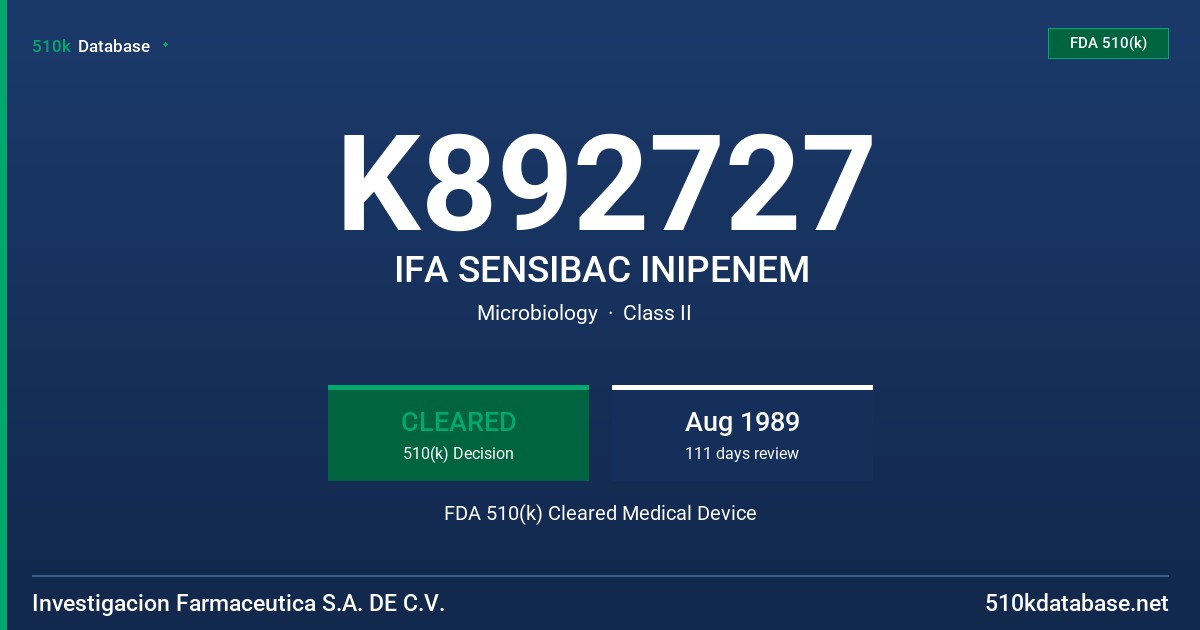 K892727 IFA SENSIBAC INIPENEM FDA 510(k) Cleared Medical Device