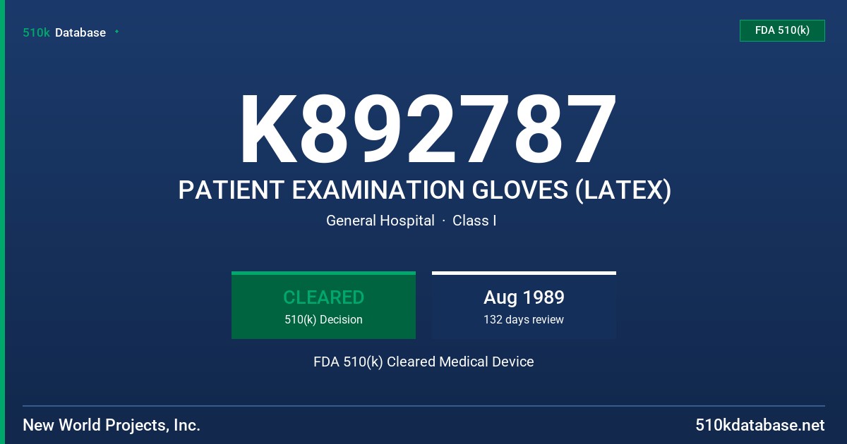 K892787 PATIENT EXAMINATION GLOVES (LATEX) FDA 510(k) Cleared Medical Device