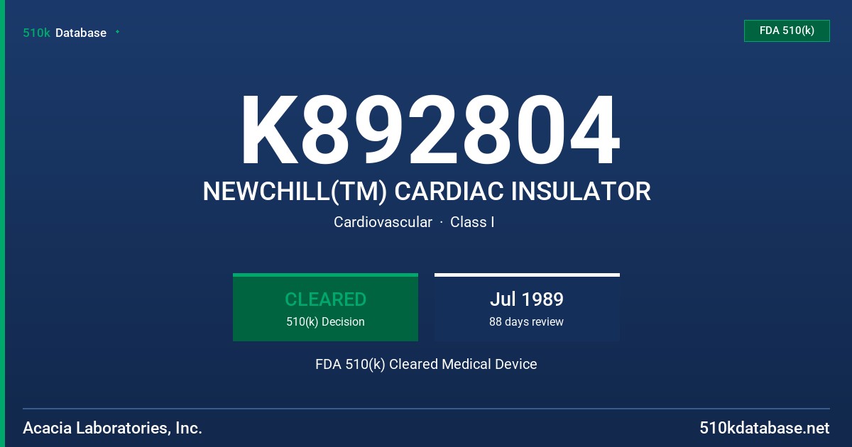 K892804 NEWCHILL(TM) CARDIAC INSULATOR FDA 510(k) Cleared Medical Device