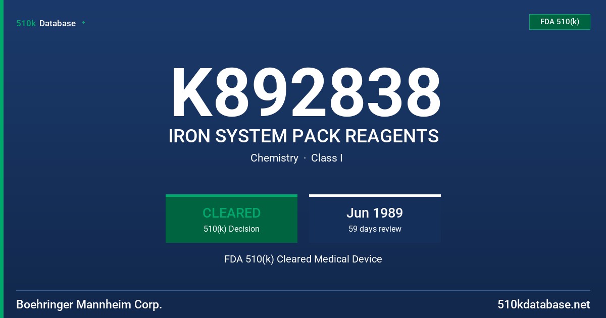 K892838 IRON SYSTEM PACK REAGENTS FDA 510(k) Cleared Medical Device