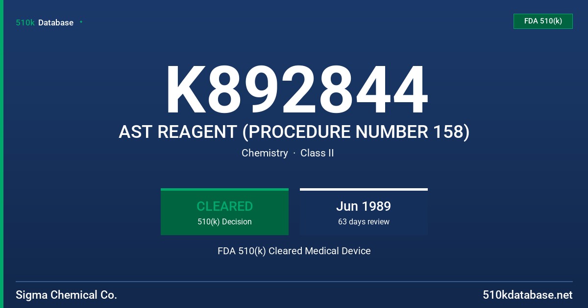 K892844 AST REAGENT (PROCEDURE NUMBER 158) FDA 510(k) Cleared Medical Device