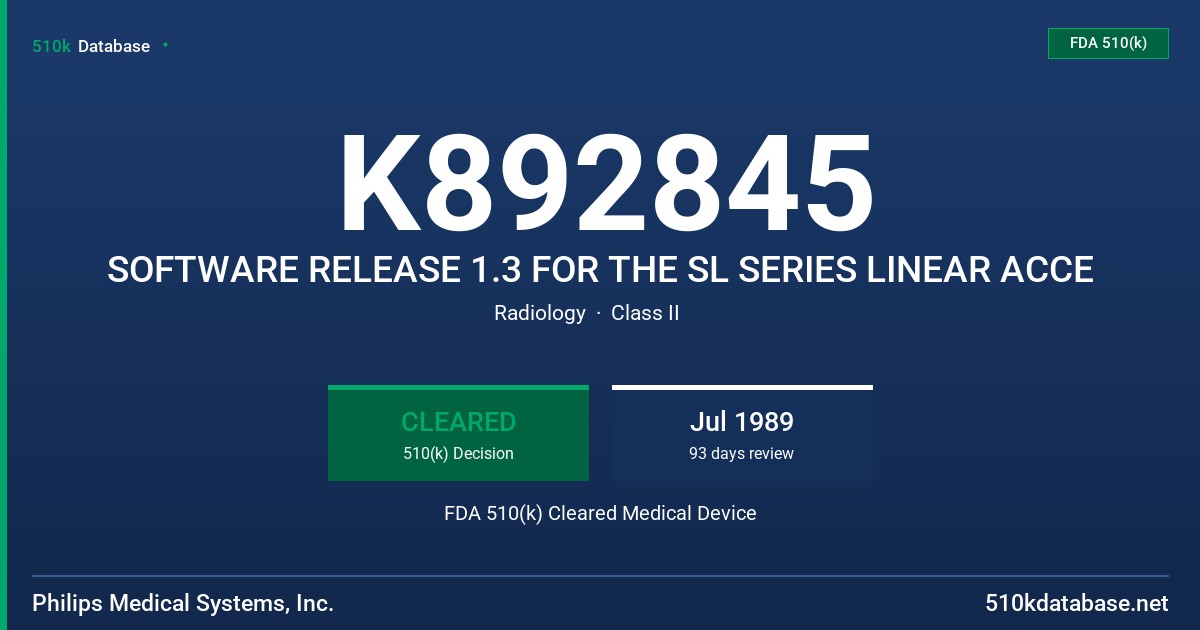 K892845 SOFTWARE RELEASE 1.3 FOR THE SL SERIES LINEAR ACCE FDA 510(k) Cleared Medical Device