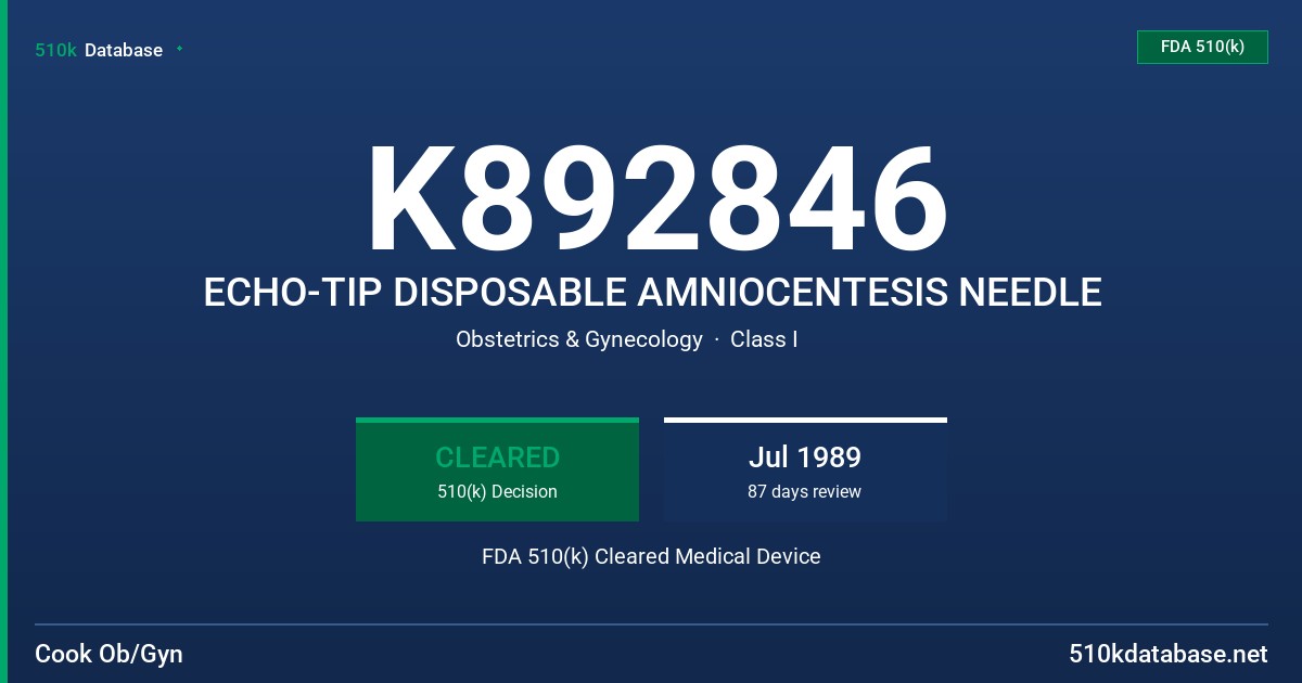 K892846 ECHO-TIP DISPOSABLE AMNIOCENTESIS NEEDLE FDA 510(k) Cleared Medical Device