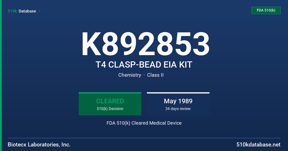 K892853 T4 CLASP-BEAD EIA KIT FDA 510(k) Cleared Medical Device