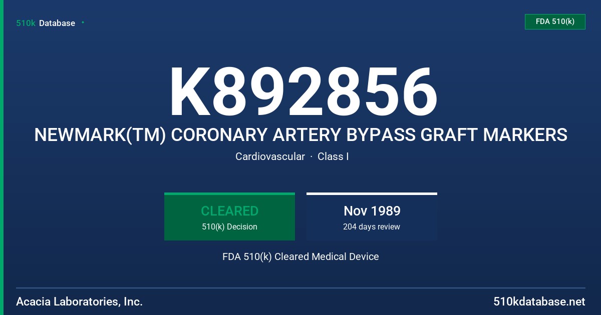 K892856 NEWMARK(TM) CORONARY ARTERY BYPASS GRAFT MARKERS FDA 510(k) Cleared Medical Device