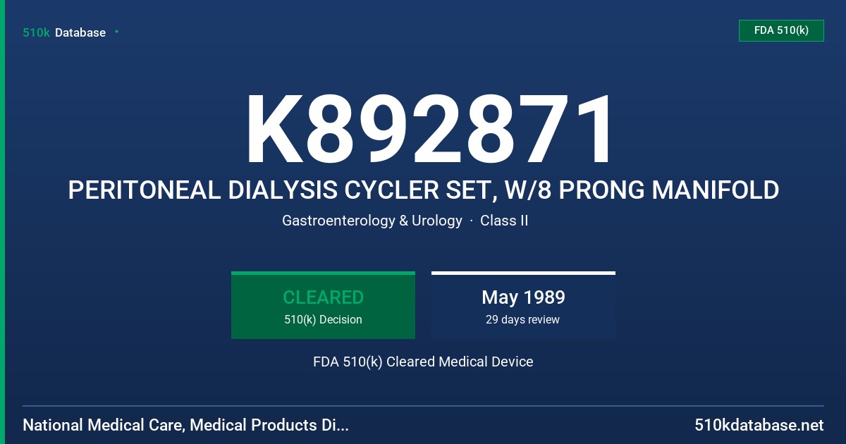 K892871 PERITONEAL DIALYSIS CYCLER SET, W/8 PRONG MANIFOLD FDA 510(k) Cleared Medical Device
