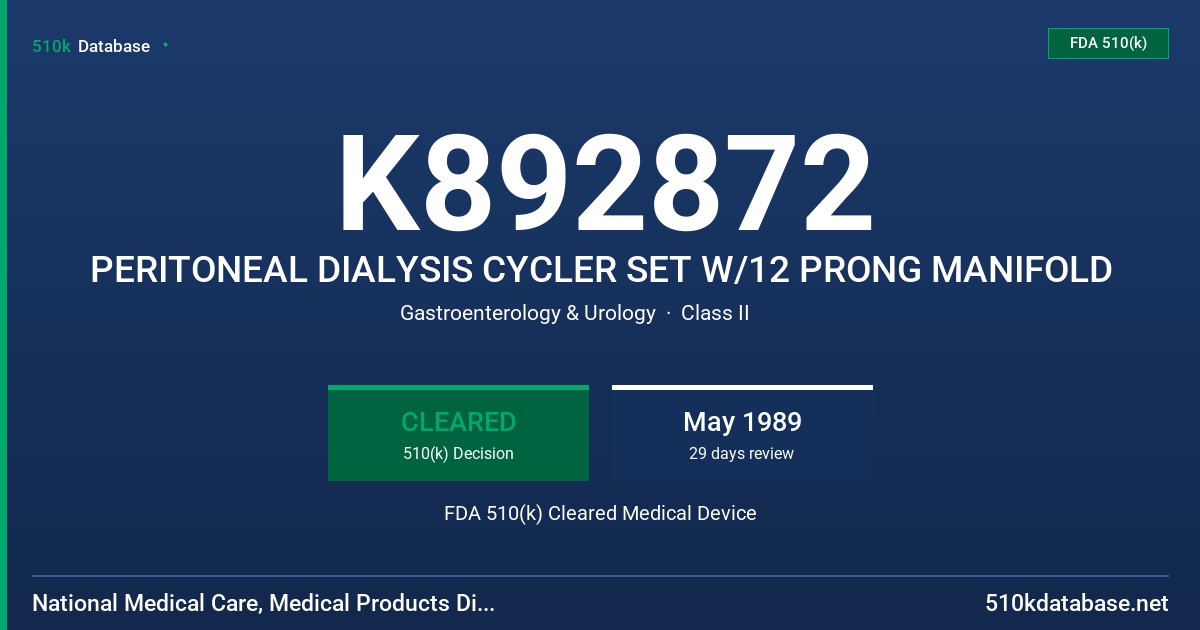K892872 PERITONEAL DIALYSIS CYCLER SET W/12 PRONG MANIFOLD FDA 510(k) Cleared Medical Device