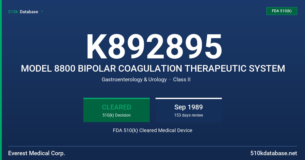 K892895 MODEL 8800 BIPOLAR COAGULATION THERAPEUTIC SYSTEM FDA 510(k) Cleared Medical Device