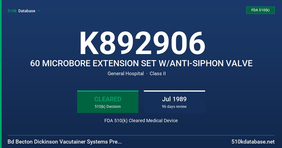 K892906 60 MICROBORE EXTENSION SET W/ANTI-SIPHON VALVE FDA 510(k) Cleared Medical Device