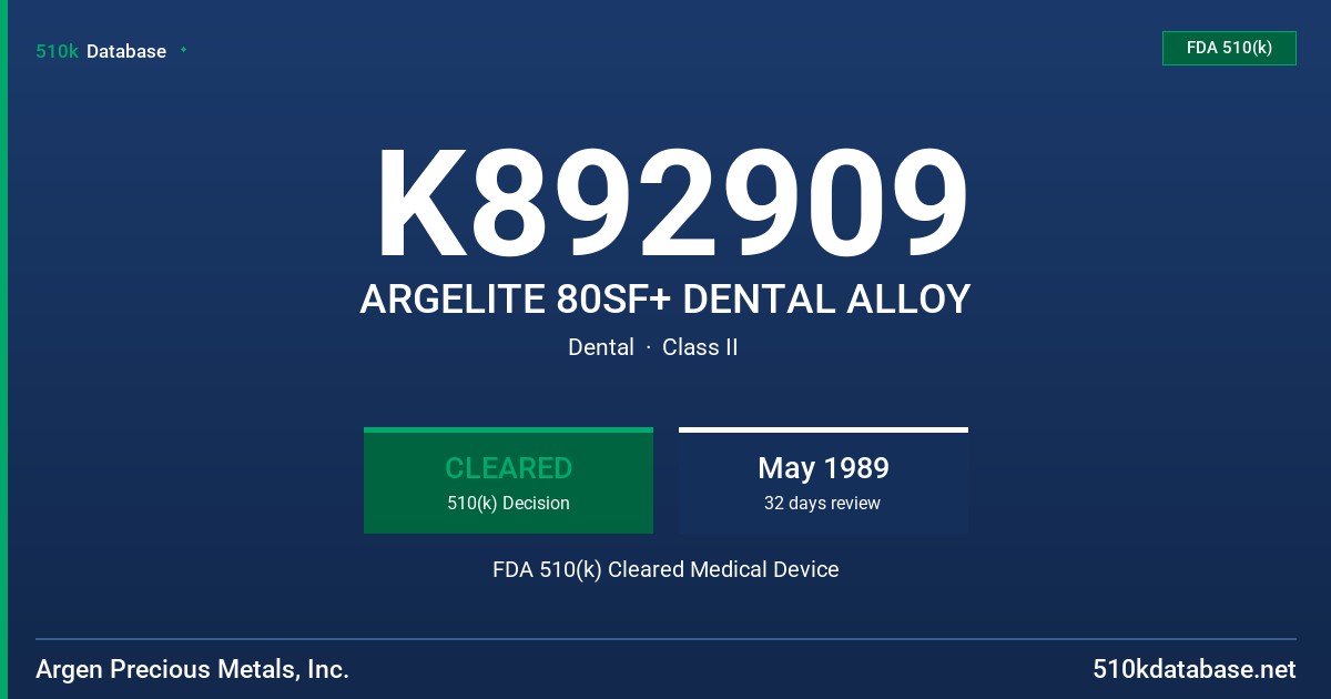 K892909 ARGELITE 80SF+ DENTAL ALLOY FDA 510(k) Cleared Medical Device