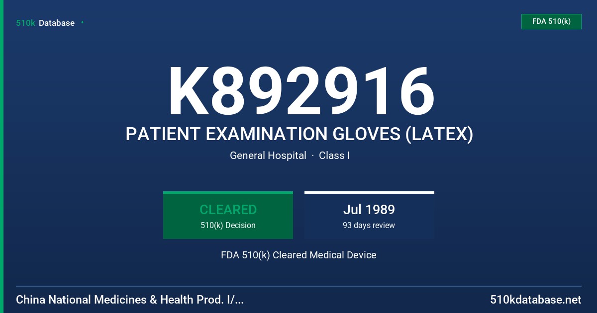 K892916 PATIENT EXAMINATION GLOVES (LATEX) FDA 510(k) Cleared Medical Device