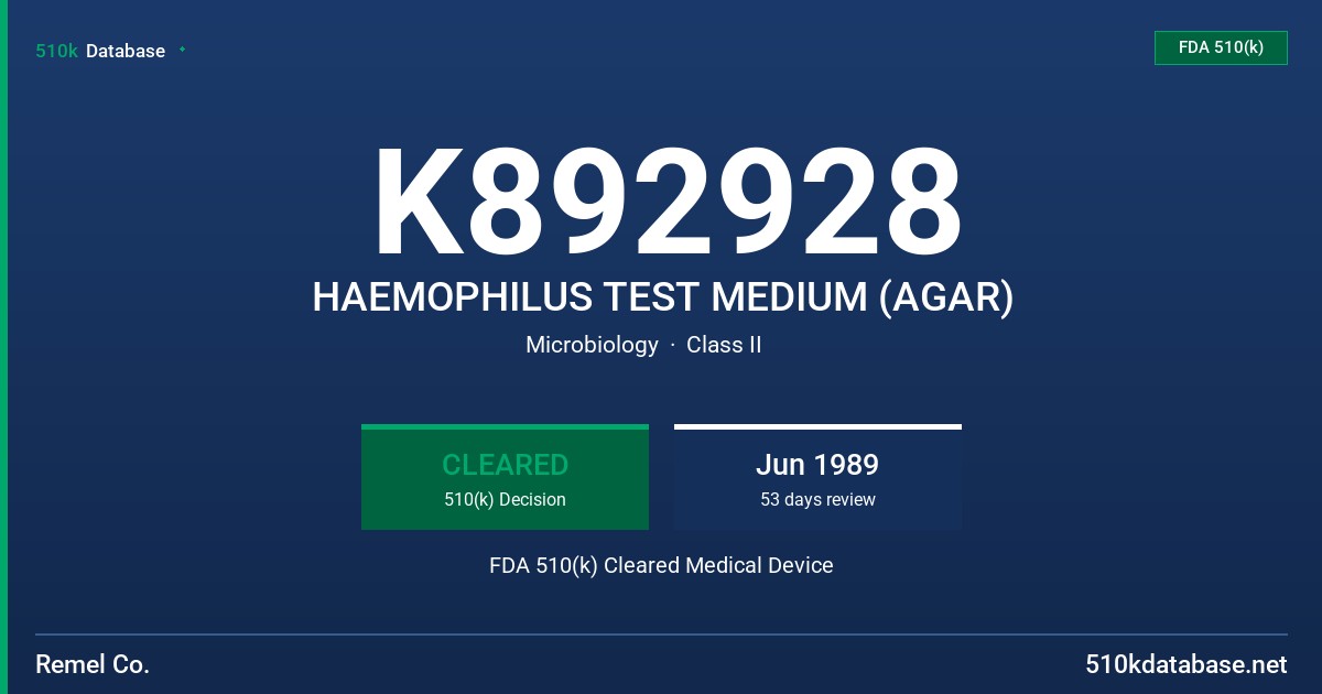 K892928 HAEMOPHILUS TEST MEDIUM (AGAR) FDA 510(k) Cleared Medical Device