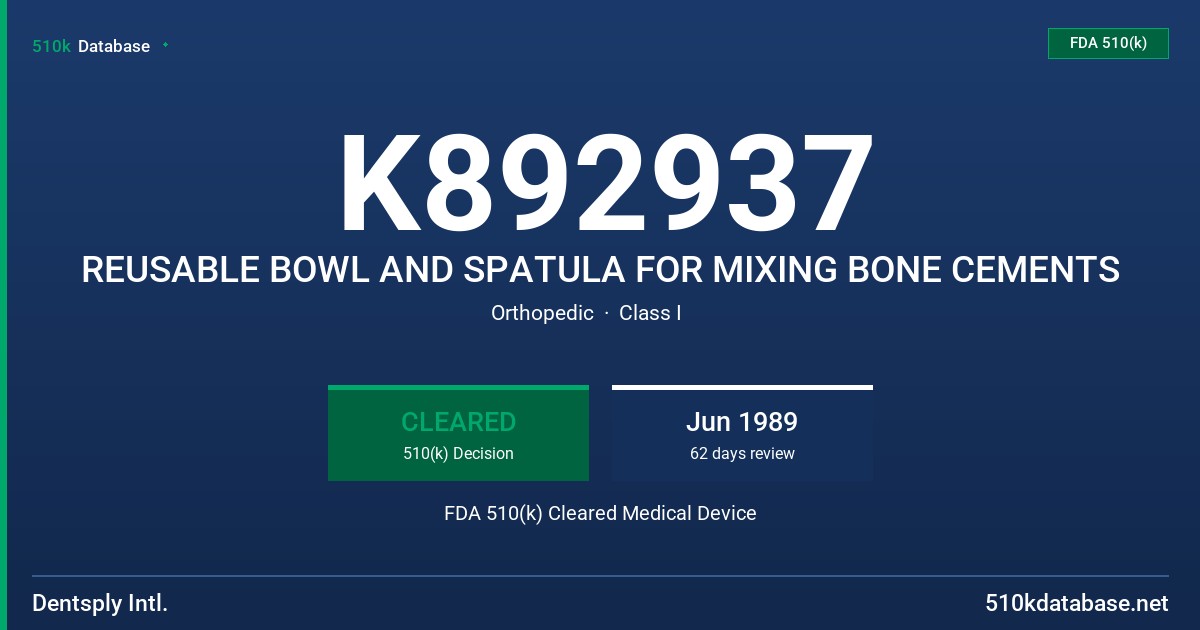 K892937 REUSABLE BOWL AND SPATULA FOR MIXING BONE CEMENTS FDA 510(k) Cleared Medical Device