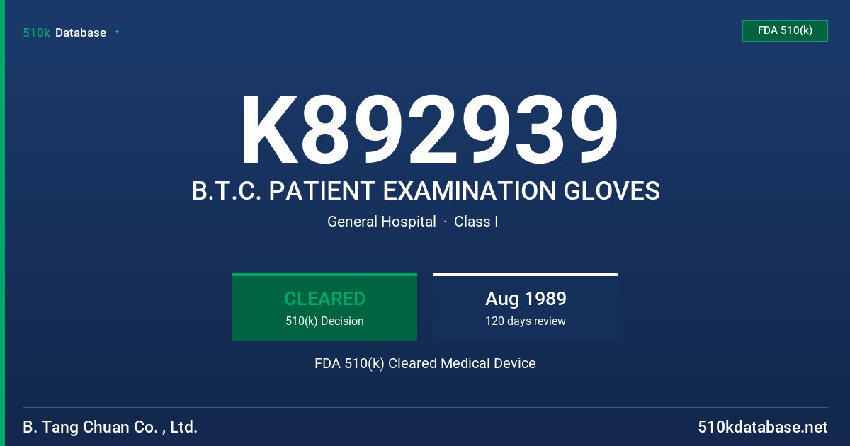 K892939 B.T.C. PATIENT EXAMINATION GLOVES FDA 510(k) Cleared Medical Device