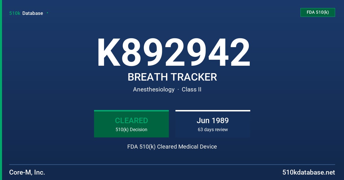 K892942 BREATH TRACKER FDA 510(k) Cleared Medical Device