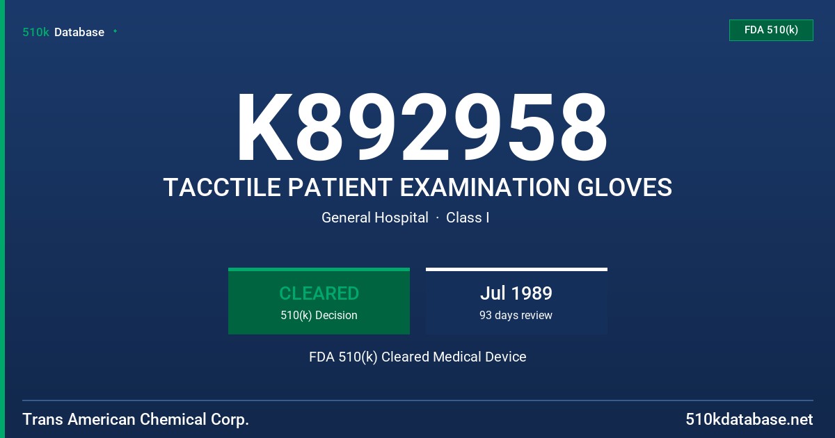 K892958 TACCTILE PATIENT EXAMINATION GLOVES FDA 510(k) Cleared Medical Device