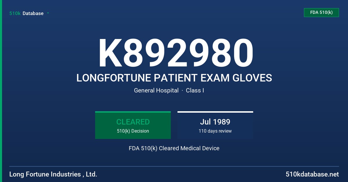 K892980 LONGFORTUNE PATIENT EXAM GLOVES FDA 510(k) Cleared Medical Device