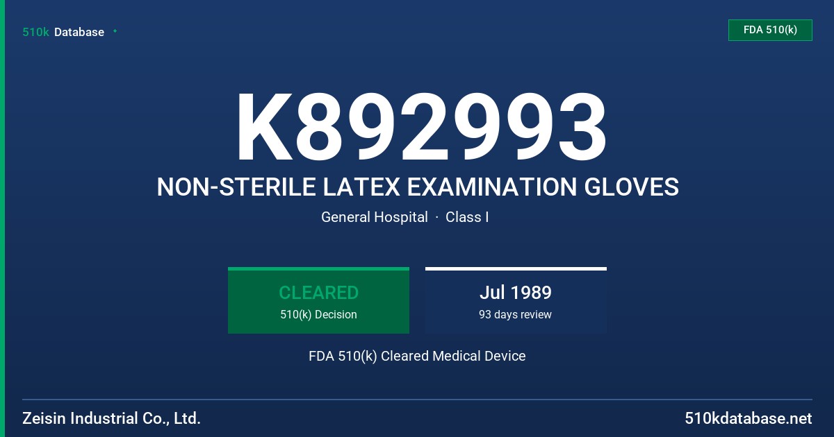 K892993 NON-STERILE LATEX EXAMINATION GLOVES FDA 510(k) Cleared Medical Device