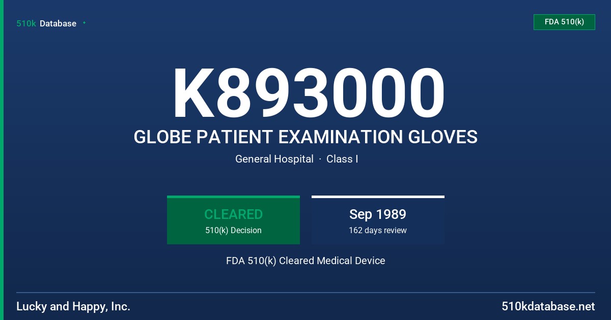 K893000 GLOBE PATIENT EXAMINATION GLOVES FDA 510(k) Cleared Medical Device